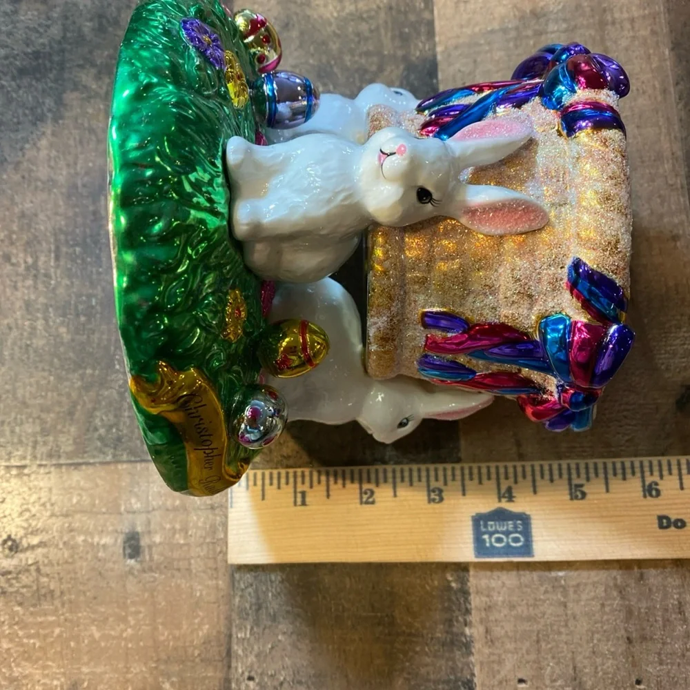 VINTAGE Christopher Radko Easter Bunny & Eggs Decorative Candy Dish 2004 Glitter